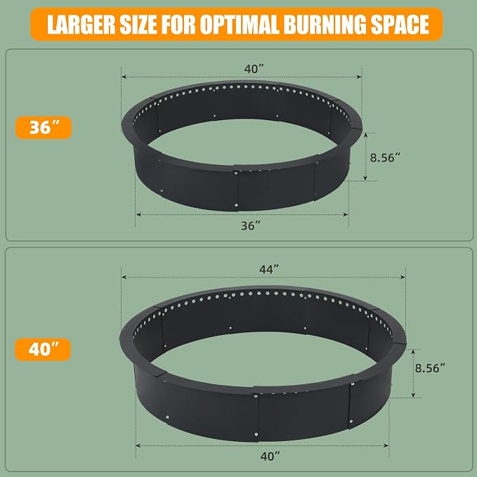 40 Inch Smokeless Fire Pit Ring, Heavy Duty Steel Fire Pit Ring Insert with Air Vent Design, 44 Inch Outer Diameter Round Fire Ring for Outdoor Wood Burning, Backyard, Patio, Garden & Camping