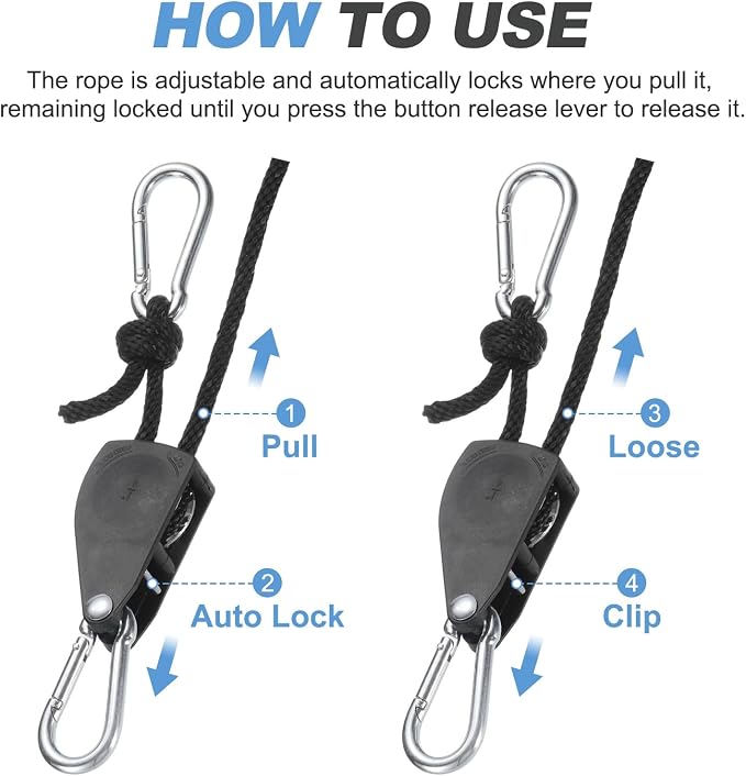 uxcell 4 Pairs 1/4" Adjustable Rope Hanger, 7.87ft(2.4 Meter) Heavy Duty Ratchet Tie Down Strap with Rope Clip Hanger for Hanging Plants, Grow Light and Various Tie-Down Uses, Black