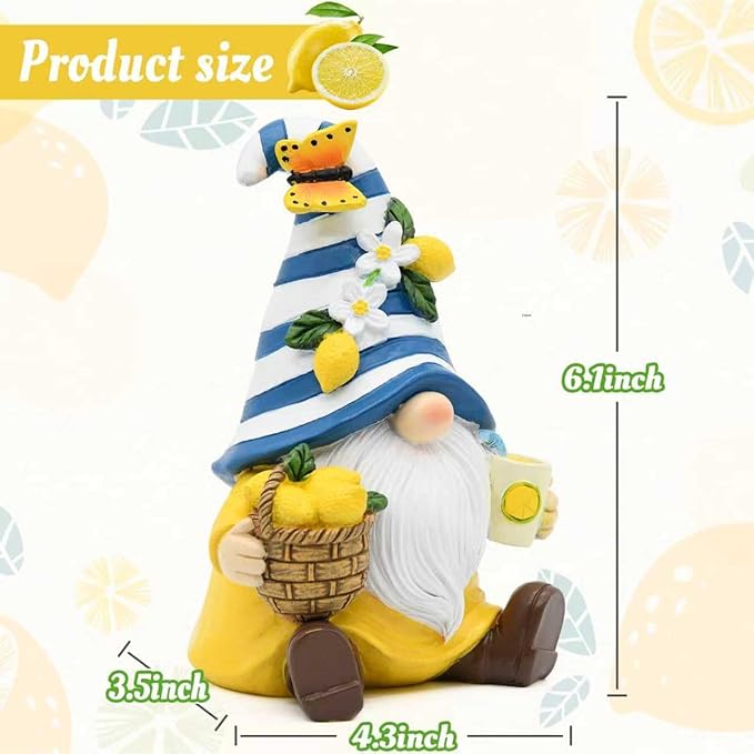 Lemon Decor Spring Garden Gnome, Mediterranean Decor Resin Figurines, Lemon Party Decoration for Home Kitchen Office Tiered Tray, Summer Gnomes Gifts