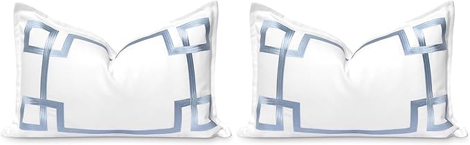 Hofdeco Premium Coastal Patio Indoor Outdoor Lumbar Pillow Cover Only, 12"x20" Water Repellent for Backyard, Couch, Baby Blue Embroidered Frame Greek Key (Pack of 2)