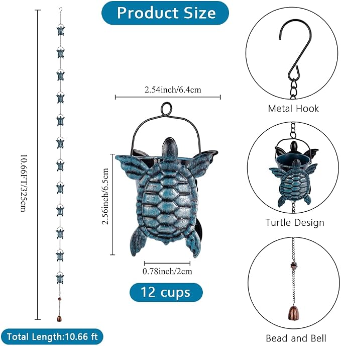10 FT Rain Chains for Gutter, Rain Chain with 12 Turtle Shape Cups Adjustable Rain Catcher Chain for Gutters, Eaves, Drainage, Replacement for Downpout, Blue