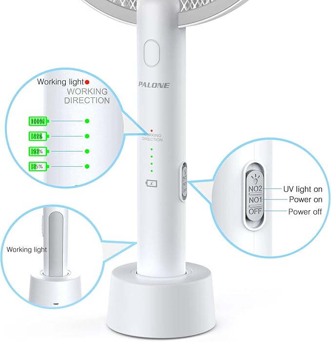 PALONE Electric Fly Swatter 4000V Bug Zapper Racket, Dual Modes Mosquito Killer with Battery, Rechargeable Mosquito Killer Lamp with 3 Layers Safety Mesh for Indoor and Outdoor, White 1P