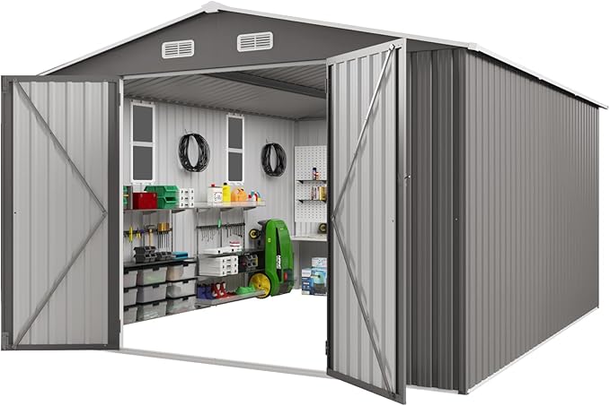YOPTO 10x12 FT Outdoor Storage Shed,Large Metal Garden Shed with Double Door and Two Windows Waterproof Tool Shed for Backyard Patio Lawn Poolside,Grey