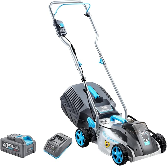 RB 40V 13-Inch Brushless Cordless Lawn Mower with Fast Charger & 2 × 4.0Ah Lithium Battery