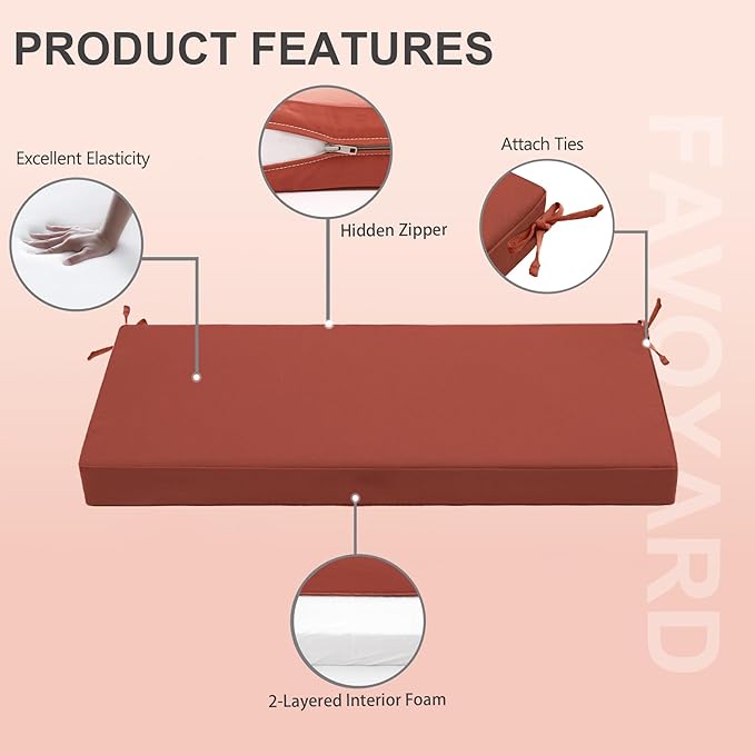 Favoyard Outdoor Bench Cushion 42 x 18 Inch Waterproof Patio Furniture Cushions 3-Year Color Fastness Garden Sofa Settee Couch Swing Pads with Handle and Attach Ties, Spice
