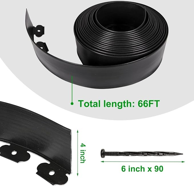 4 Inch x 66FT Tall Garden Edging Border with 90pcs Spikes, Plastic Edging Border for Landscaping, Lawn, Garden, Flower Beds, Paver, Pathway