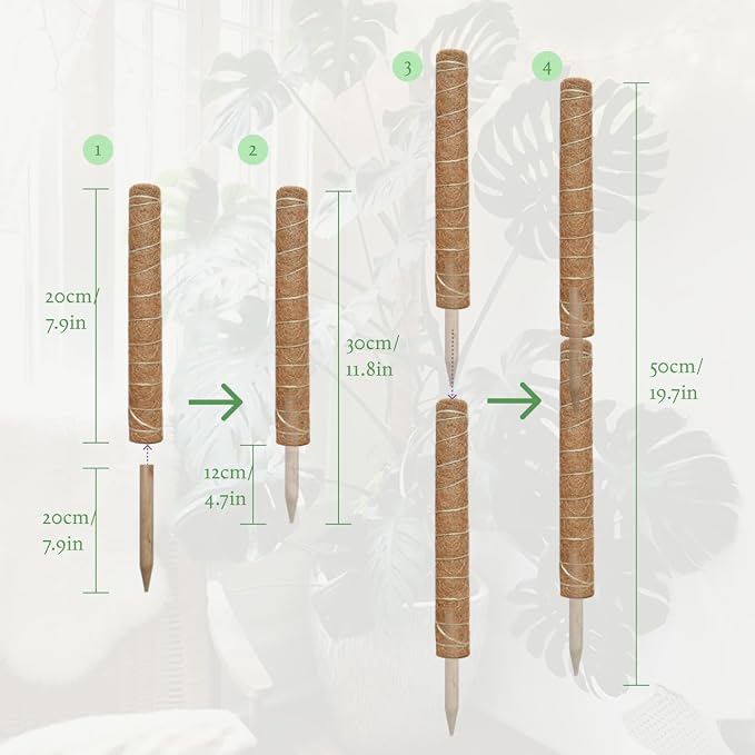 Moss Pole for Plants 4 Pack Natural Coco Coir Climbing Support Stakes with Plant Ties Indoor Monstera Plant Training Extension Poles 7.9inch Each Total 31.6 inch