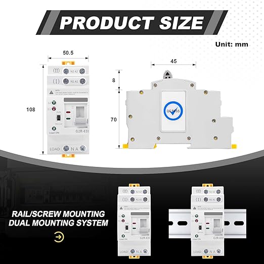 63Amp 220V AC Mini ATS Automatic/Manual Transfer Switch, 2Pole G2R Solar Auto Dual Power Changeover Switch for Home, Din Rail Mounted 50/60Hz CE Certified for Rv, Lv, Cn Public/Backup Power