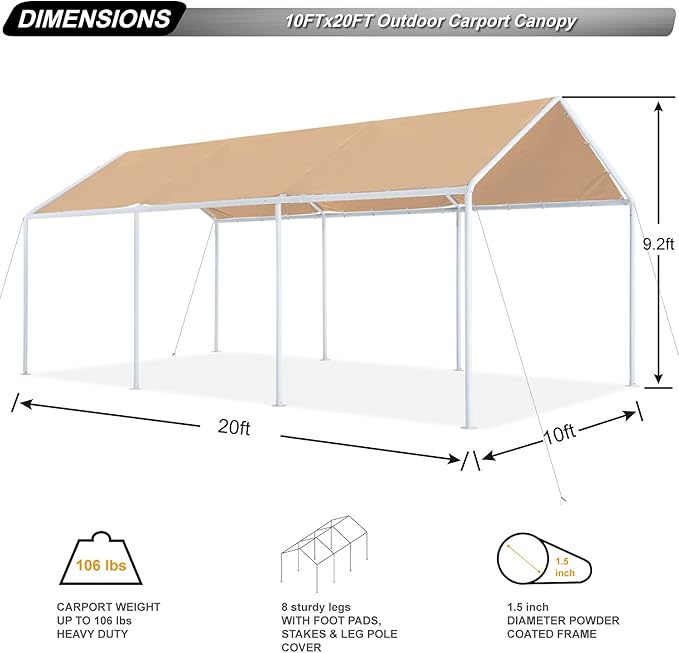 ABCCANOPY 10x20 FT Carport Garage Car Boat Shelter Party Tent, Beige