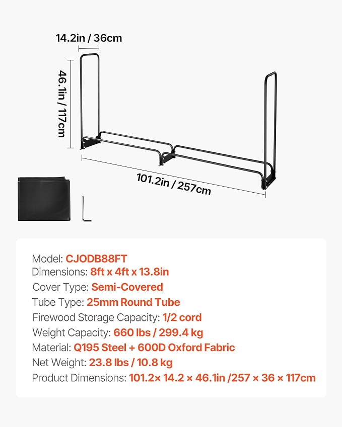 VEVOR Firewood Rack with Waterproof Cover, 8.4 ft Outdoor Firewood Holder, 1/2 Cord Storage Metal Log Holder, 660lb Max Weight Capacity, Top Covered, Powder-Coated Wood Storage Rack for Fireplace Deck