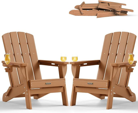 Folding Adirondack Chair Set of 2, HDPE Adirondack Chairs with 2 Cup Holder, Plastic All-Weather Fire Pit Chairs, Outdoor Lawn Chair for Patio Garden (Teak)