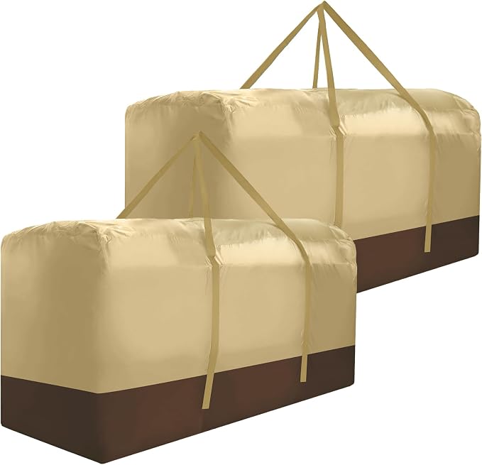 Outdoor Cushion Storage Bag Extra Large 420D Oxford Waterproof Patio Cushion Storage Bags with Zippers and Handles, 60" L x 20" W x 28" H (Beige,2 Pack)