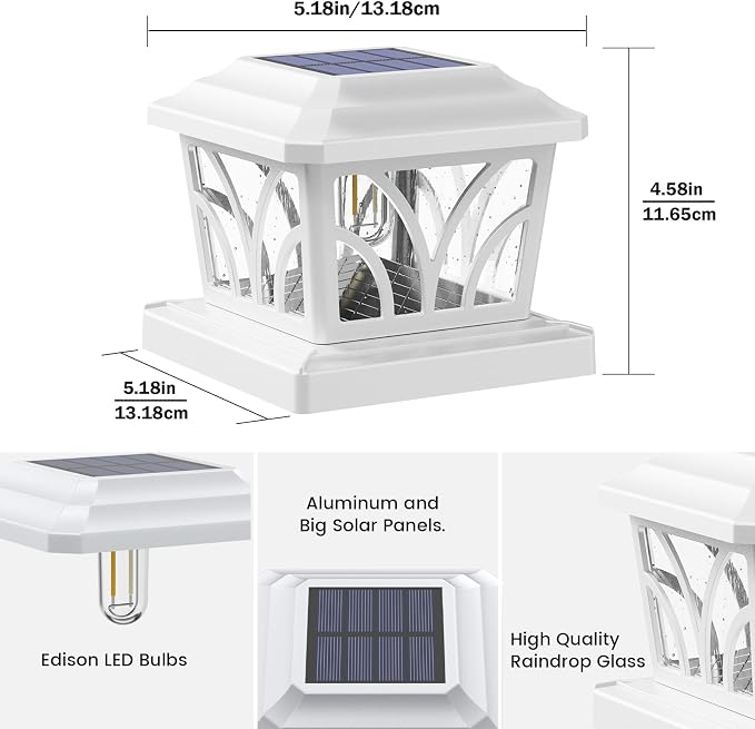 SIEDiNLAR Solar Post Cap Lights Outdoor, Aluminum Glass 2 Modes Edison LED Bulbs for 4x4 5x5 6x6 Wooden Vinyl Posts Deck Fence Patio Decor, Warm White/Cool White Lighting 8 Pack (White)