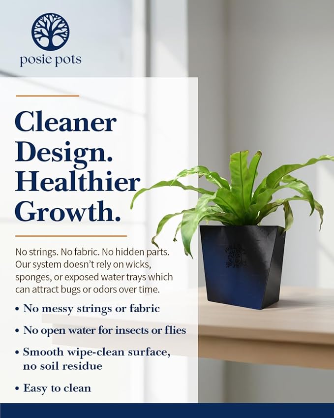 Posie Pot Large Twisted Square - Self Watering Planter 7x7 Inch - Indoor Plant Pot with 30 Day Reservoir - 3D Printed Bioplastic - No Guilt Plant Care - Made in USA, Black