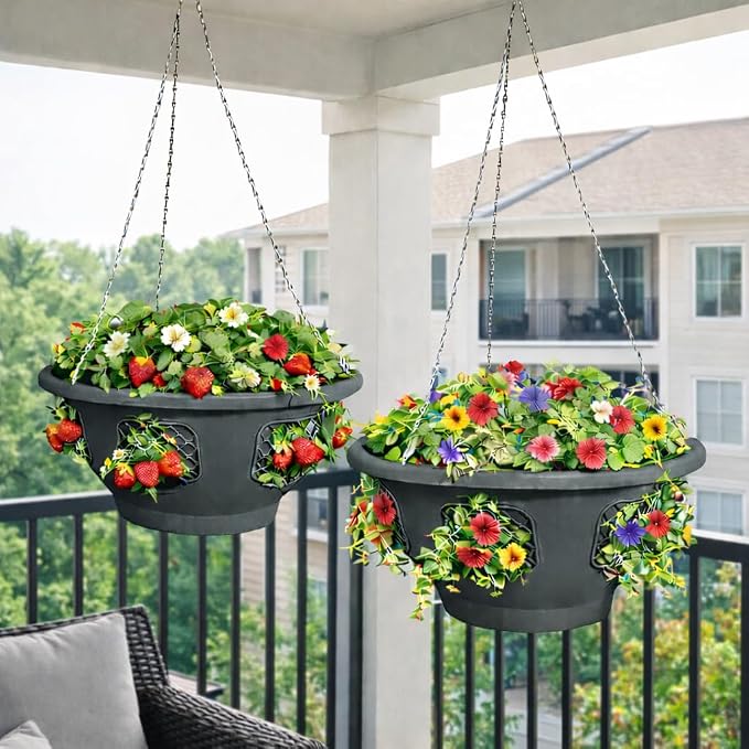 Hanging Planter Basket 20 Pack Bulk, Easy Fill Strawberry Planter, Outdoor Hanging Basket with Side Planting Panels, Durable UV Resistant Planters, Made in USA (20, Gray)