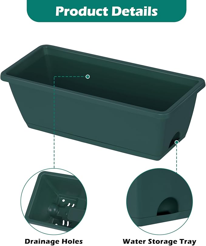 CADUKE 4 Pack Railing Planter Box 16.9 Inches Window Flower Boxes with Metal Brackets Balcony Planters Railing Hanging Fence Planter Plastic Outdoor Deck Railing Planter Boxes, Green