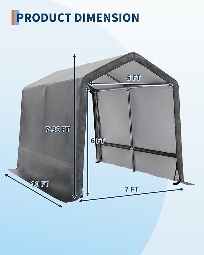 7X10 FT Heavy-Duty Portable Outdoor Storage Shed with Roll-Up Zipper Door & Vent, 240g Waterproof Carport Storage Shelter, UV-Resistant Canopy for Motorcycle, Firewood, Tools -Gray ﻿