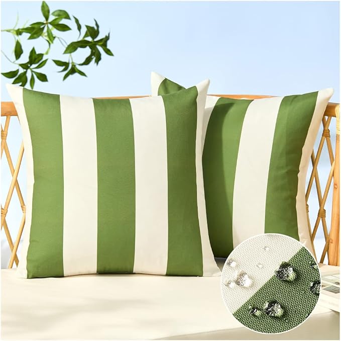 Allorry Outdoor Pillow Covers 20x20 Set of 2 Olive Green Striped Decoration Throw Pillow Covers for Spring Summer Outdoor Waterproof Garden Patio Furniture Sofa Bed Home Decor JB007-B20