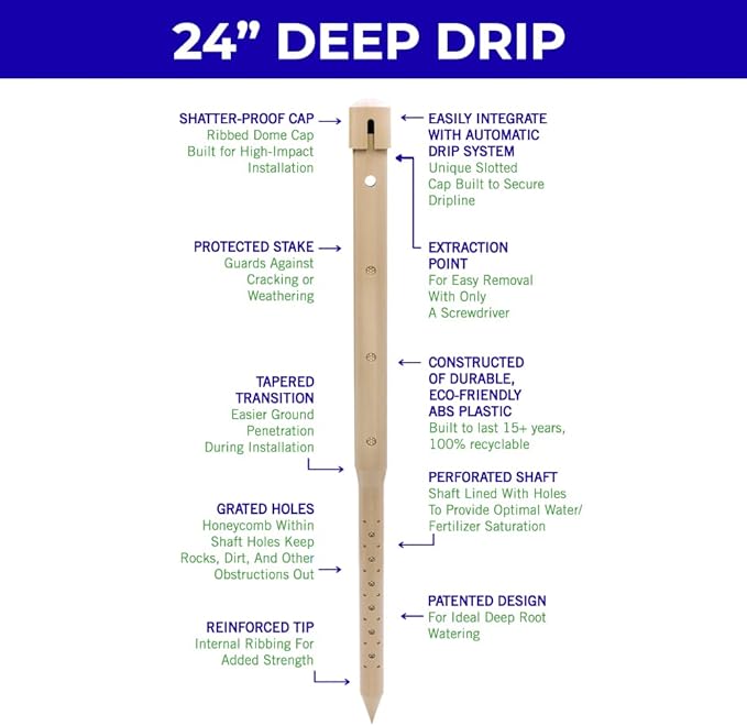Underhill Deep Drip Irrigation Stakes 24-1/2-Inch, Case of 25 Watering Spikes for Trees with Medium Depth Roots, Drip System Tubes, A-DD24-25