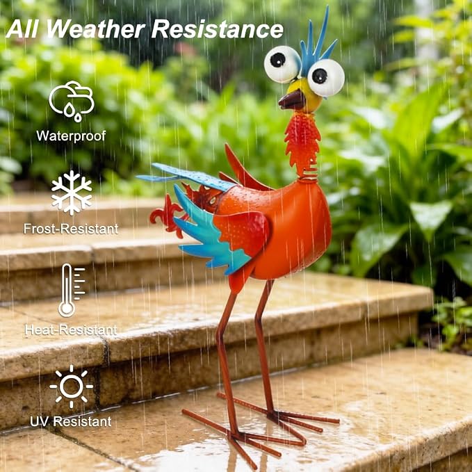 Metal Wacky Rooste Garden Statue, 17.9‘’ Rooster Decor Yard Statue Decorations Outdoor, Chicken Yard Art for Outside, Patio, Backyard, Lawn (Orange & Cyan)