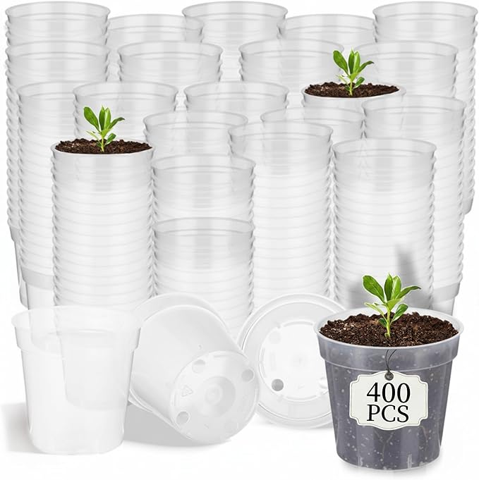 Domensi 400 Pcs 2inch Clear Nursery Pots, Mini Plastic Plant Pot Nursery Seedling Pot with Drainage Holes for Seeds Starter, Indoor Outdoor Garden Vegetables Flowers Seedlings, Gardening Gifts
