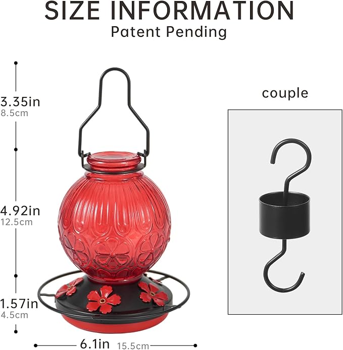 Glass Hummingbird Feeders for Outdoors Hanging, 23Oz Humming Bird Nectar Feeders with Perch, 5 Flower Feeding Ports, Leak Proof Base and Hook for Garden Decor, Gifts for Mom Women (Red)
