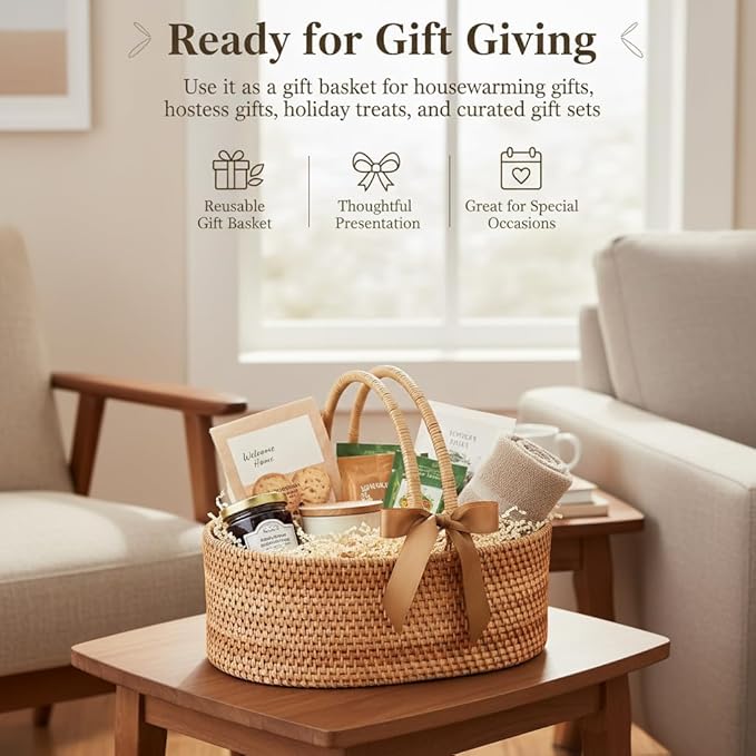 Handwoven Rattan Storage Basket with Handles, Natural Wicker Decorative Basket for Kitchen Counter, Pantry Organization, Floral Arrangement, Gift Packaging & Home Decor