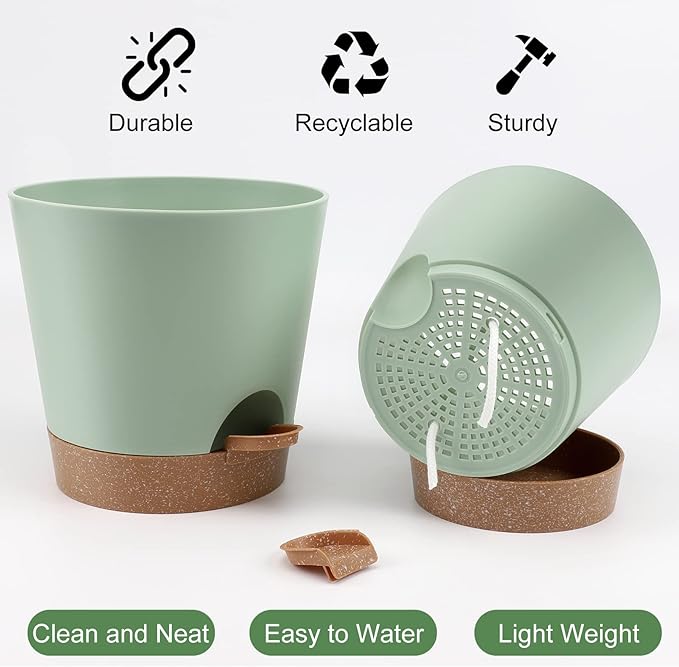 YNNICO Indoor Self Watering Planters with Drainage Holes and Saucers, 8, 7, 6.5, 6, 5.5, 5 Inches, Green, 6 Pots.