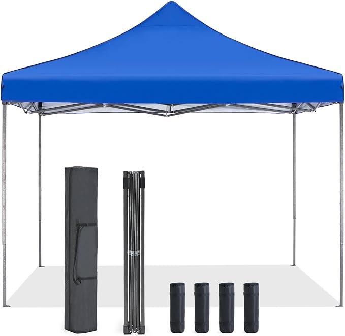 OLIXIS 10x10 Ft Pop Up Canopy Tent, Waterproof Portable Outdoor Shade Canopy with Sand Bags for Beach, Backyard Parties & Events, Royal Blue