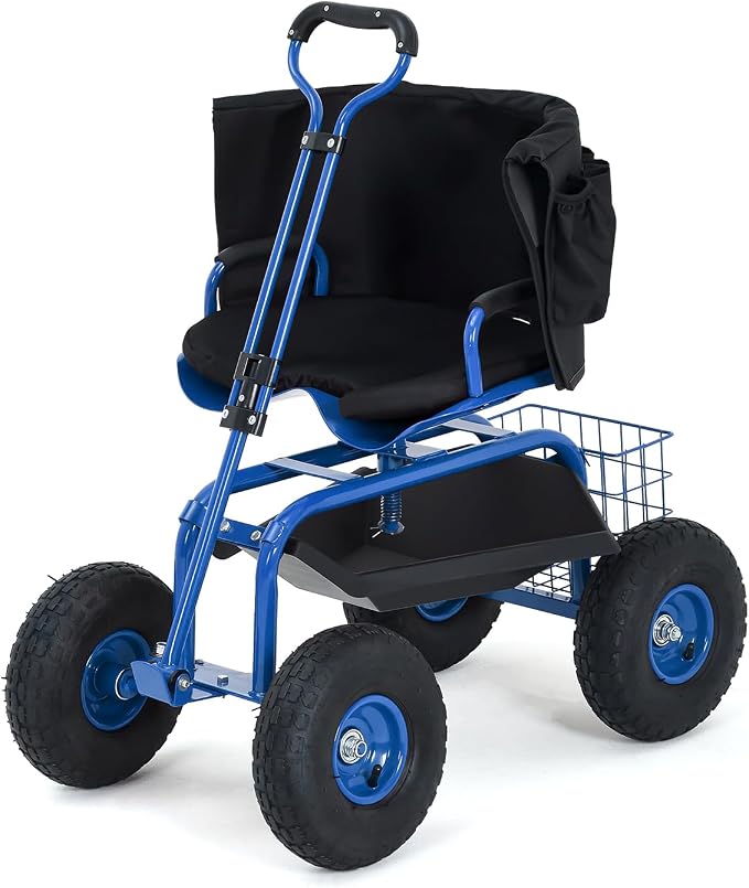Rolling Garden Work Seat with Wheels, 360° Swivel Seat Gardening Cart with Extendable Steering Handle, Tool Tray and Storage Basket, 300 lbs Capacity, Gardening Stools for Patio, Yard, and Outdoors