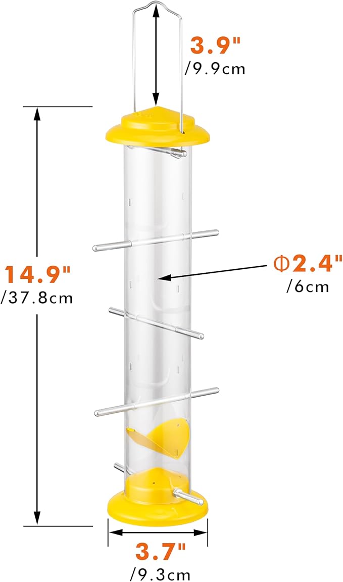 iBorn Finch Feeders for Outside,Nyjer/Thistle Bird Feeder,14 Inch Tube Bird Feeders for Outdoors Hanging,Metal Finch Feeders for Thistle Seed with 12 Small Ports,8 Metal Perches,Yellow,Pack of 1
