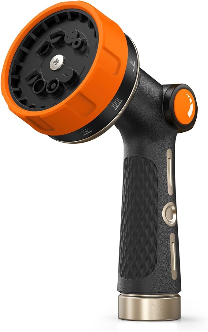 RAINPOINT Garden Hose Nozzle Heavy Duty - 100% Metal Thumb Control Spray Nozzles for Garden Hose High Pressure, 10 Patterns Water Hose Nozzle for Car Wash, Watering Lawn and Pets, Orange