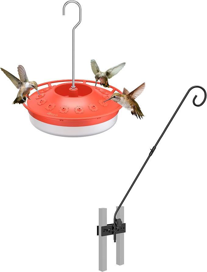 iBorn Fence Deck Hook 28 Inch Railing 180 Degree Rotary 1 Pack + Red Hummingbird Feeder with 14 Bee Guard Ports,13 OZ,2-Pack