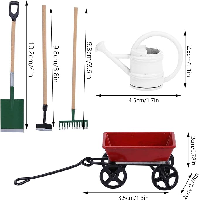 Miniature Garden Tools, 5 Pcs of Garden Scene Model Mini Garden Tools, Doll House 1/12 Scale Accessories, Spade Pestle Rake Cart and Kettle for Doll House Garden Decor Accessories