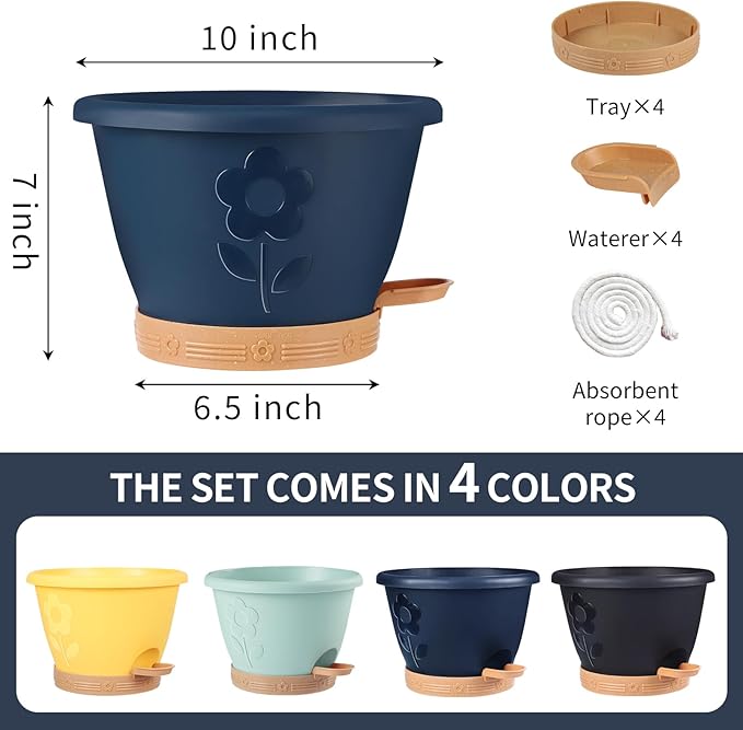gegemaoyi Plastic Plant Pots 10 Inch Set of 4, Self Watering Pots with Drainage Holes, Saucer & Reservoir, Flower Pots for Indoor/Outdoor Plants, Decorative Nursery Planting Pots (Blue)