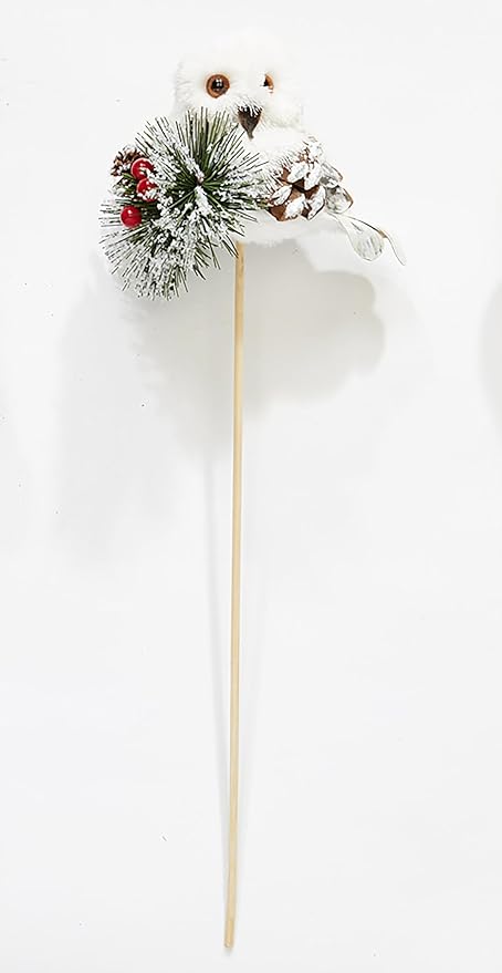 Worth Imports 3" Christmas Snow Owl with Artificial Pine and Berries on a 12" Wood Stick Floral Pick, Set of 3