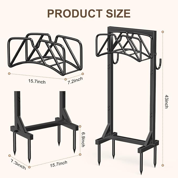 Garden Hose Holder Stand, Heavy Duty Freestanding Hose Holder Rack with 4 Spikes, Holds 150 ft, Outdoor Water Hose Holder for Yard Lawn Garden