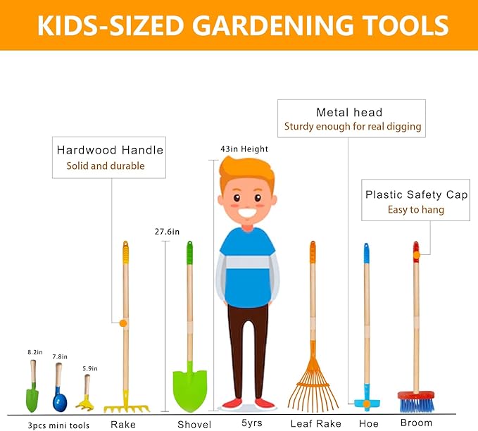 Toddler Gardening Tools, Kids Rake and Shovel Set for Digging Dirt, Children Broom for Outdoor Yard Garden Camping, Montessori Toys for Ages 3 4 5 6 7 8 Years Old (8PCS)