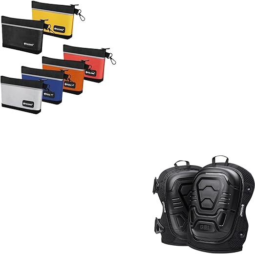 TICONN Gel Knee Pads for Work + Tool Pouches with Zipper (6 Pack Combo)