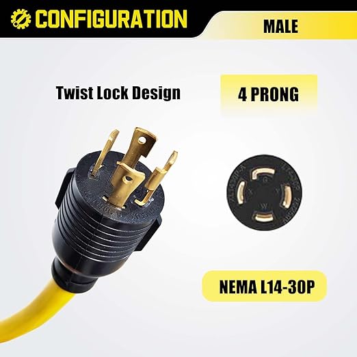 30 Amp 4 Prong Twist Lock to 110 Adapter Cord, Generator Locking Plug NEMA L14-30P to 5-15R 5-20R Household Tri-outlets