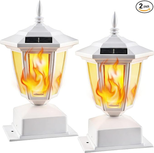 Dynaming 2 Pack Solar Flame Post Lights Outdoor, Solar Powered Lamps Fence Post Cap Lights, Flickering Flame LED Lantern Waterproof for Garden Deck Patio, Fit 4x4, 5x5 or 6x6 Wooden Posts, White Shell