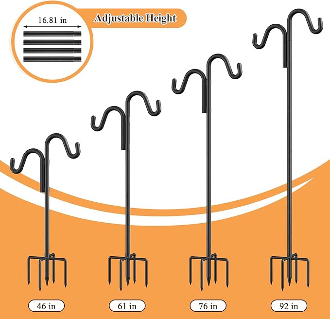 92" Double Hooks Heavy Duty Adjustable Bird Feeder Pole with Sturdy 5-Prong Base, Height Adjustable Shepherds Hook for Hanging Feeders, Plants, Solar Lanterns & Wind Chimes (2026 Upgrade)