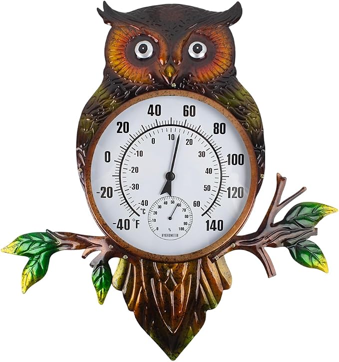 Copper Solar Rain Gauge Outdoor and 22" Metal Owl Outdoor Thermometer for Garden Patio Home Decor