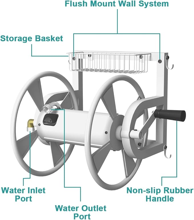 Artigarden Outdoor Wall Mounted Hose Reel with Hook, Garden Heavy-Duty Water Hose Holder Winder with 3.9 ft Leader Hose, Brass Fitting and Storage Basket for Yard, Holds 125 Ft of 5/8-Inch Hose, White