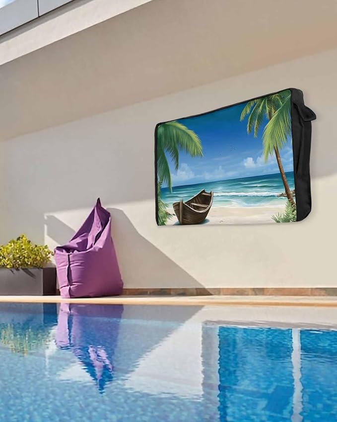 Outdoor TV Cover - Summer Palm Tree Ocean Beach Boat Waterproof and Weatherproof 60"-65" LCD Movable Shield TV Display Screen Protector Outside Television Covers
