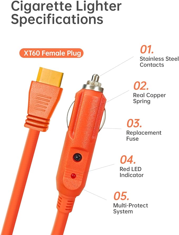 3M(10FT) 12V/24V Car Charging Cable to XT60 Connector, 14 AWG Cigarette Lighter Charger, Compatible with Anker SOLIX C300/C1000/F2000, EcoFlow Delta 2, BLUETTI AC2A Portable Power Station