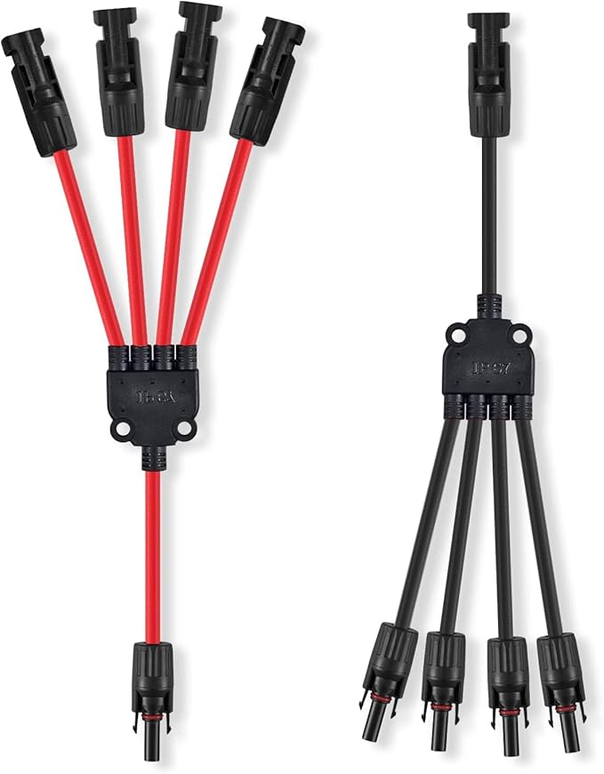 4 to 1 Solar Connectors Y Branch Parallel Adapter for Multiple Solar Panels (Red & Black)