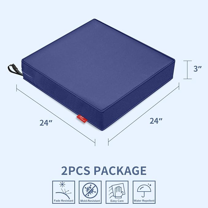 Patio Chair Cushions 24x24 Inch, Water Repellent Outdoor Seat Cushions with Adjustable Straps, Fade Resistant Replacement Cushions for Garden Deck Sofa Couch, Set of 2, Deep Blue