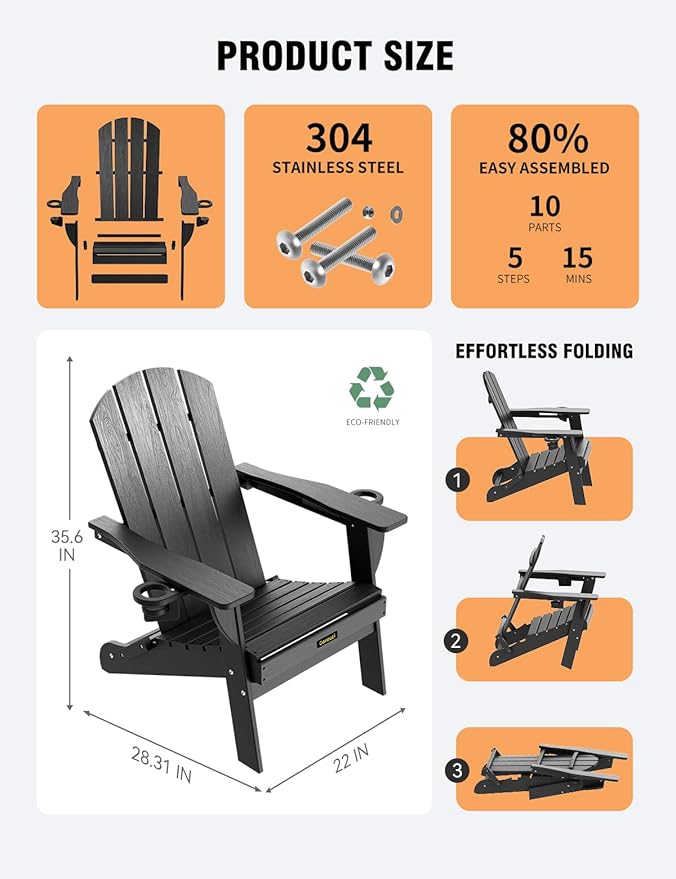 Folding Adirondack Chair Set of 6, Wooden Textured Plastic Adirondack Chairs with 2 Cup Holder, Weather Resistant HDPE Fire Pit Chair, Outdoor Patio Chairs for Garden, Backyard, Lawn, Deck, Black