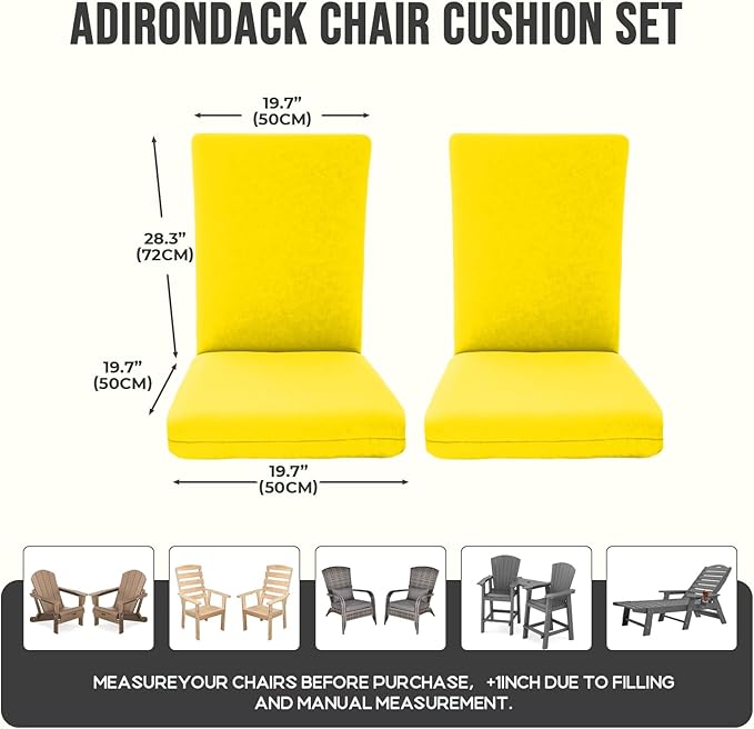 2 Pack Adirondack Chair Cushions, Waterproof & Fade-Resistant Outdoor Rocking Chair Cushion Set, Removable Seat Pads with Ties for High Back Dining or Patio Chairs, Yellow